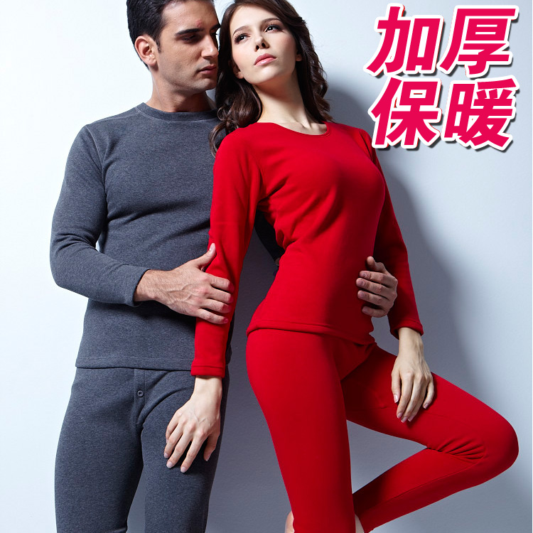 Autumn and winter lovers solid color thickening thermal underwear set male women's cashmere body shaping o-neck basic