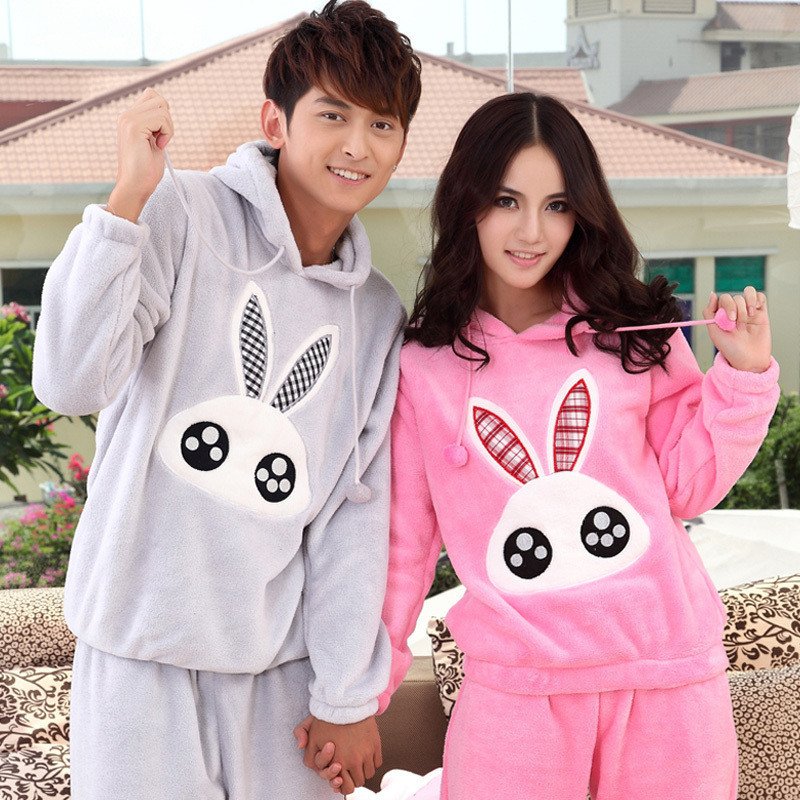 Autumn and winter lovers thickening coral fleece sleepwear female set rabbit with a hood cartoon lounge