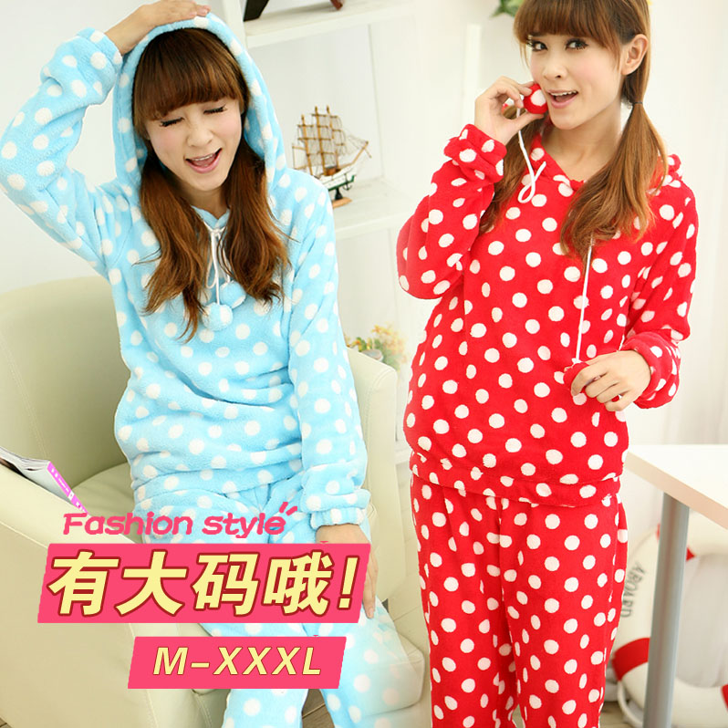 Autumn and winter lovers with a hood polka dot coral fleece sleep set lounge plus size plus size