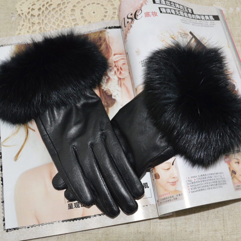 Autumn and winter luxury fox fur small goat 100% leather genuine leather plus velvet thermal women's winter fur women's gloves