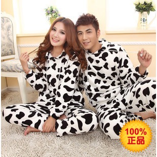 Autumn and winter male cartoon cow 100% cotton long-sleeve lovers coral fleece sleepwear lounge