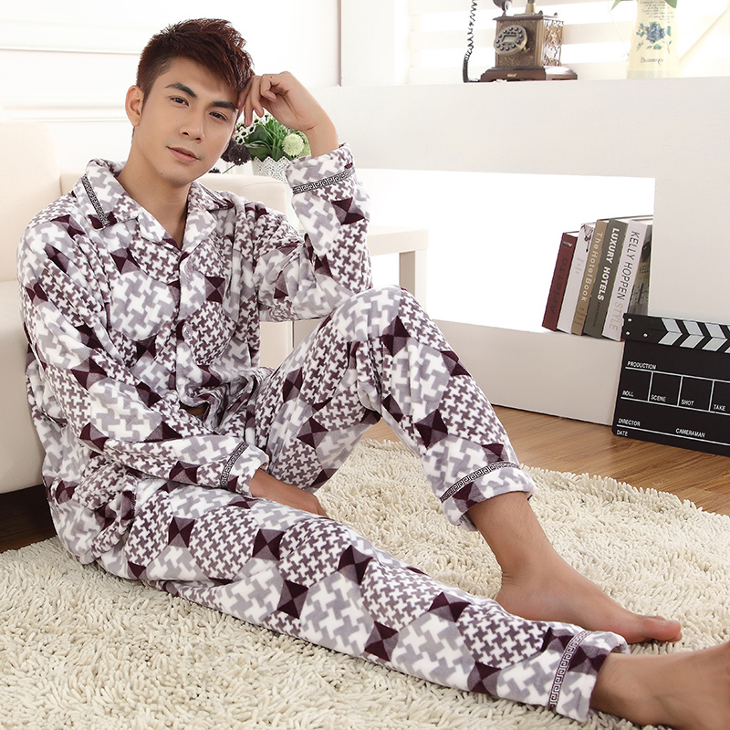 Autumn and winter male coral fleece sleepwear male long-sleeve set thickening flannel lounge