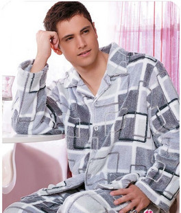 Autumn and winter male coral fleece sleepwear thickening plaid long-sleeve lounge set