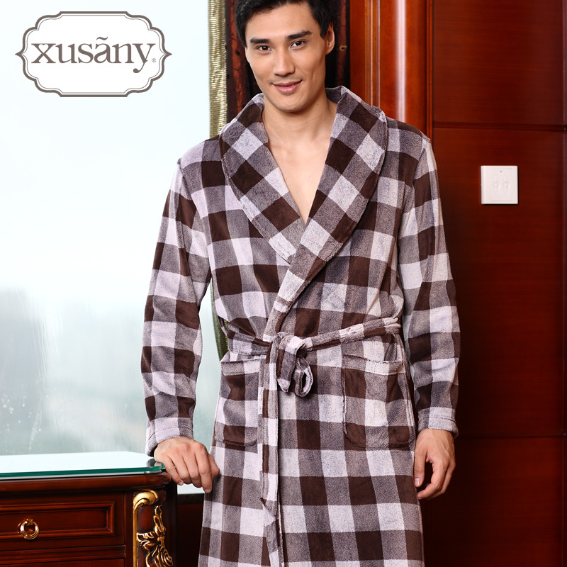 Autumn and winter male elegant plaid long-sleeve male robe bathrobes spring and autumn coral fleece male lounge