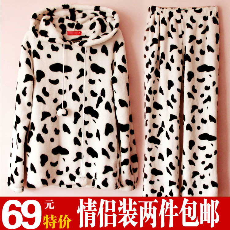 Autumn and winter male female cow lovers hooded thickening coral fleece sleep set