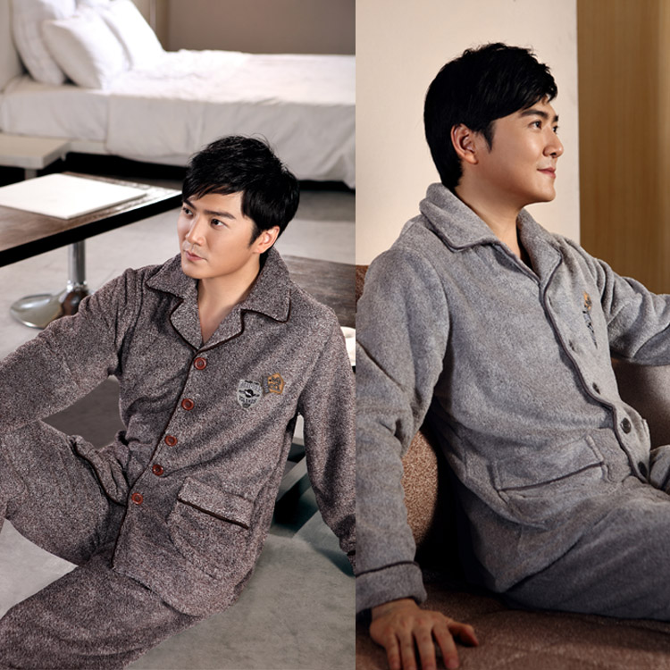 Autumn and winter male long-sleeve solid color thickening quality coral fleece sleep set lounge 723