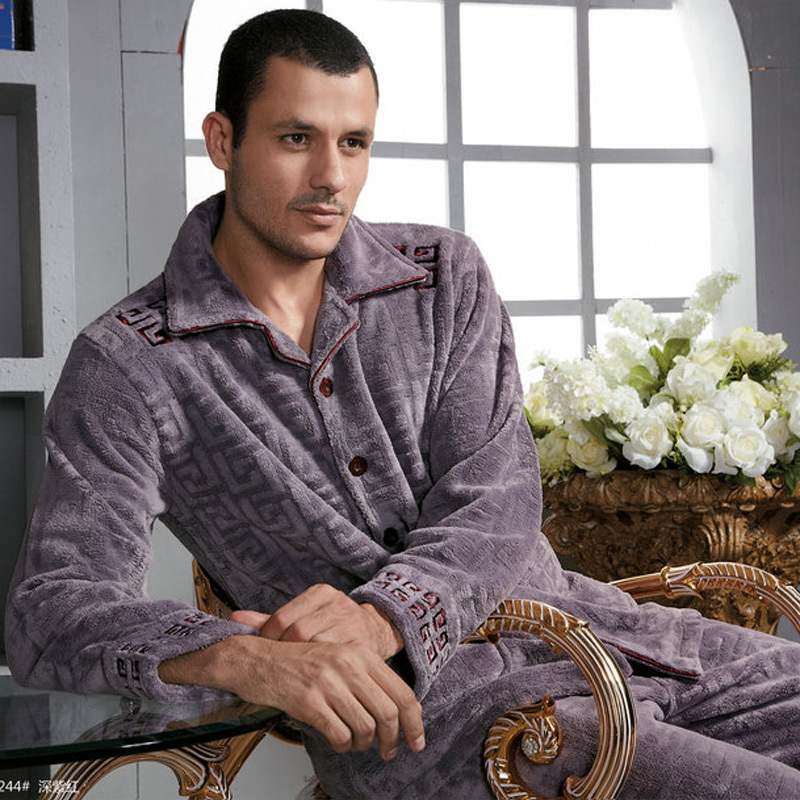 Autumn and winter male long-sleeve thickening coral fleece solid color sleepwear lounge set 11