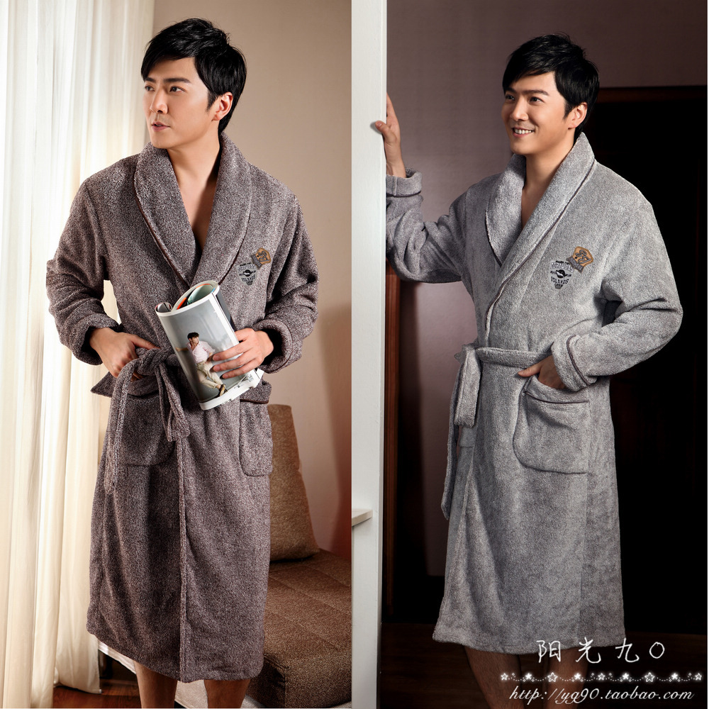 Autumn and winter male quality super soft thickening coral fleece robe men's solid color robe 28971