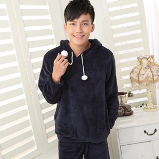 Autumn and winter male solid color thickening coral fleece sleepwear casual thickening long-sleeve sleepwear lounge set with a