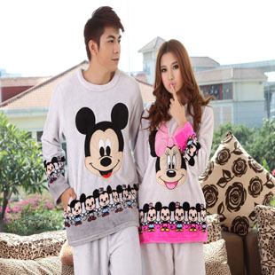 Autumn and winter male Women MICKEY thickening coral fleece long-sleeve sleepwear lounge set lovers sleepwear