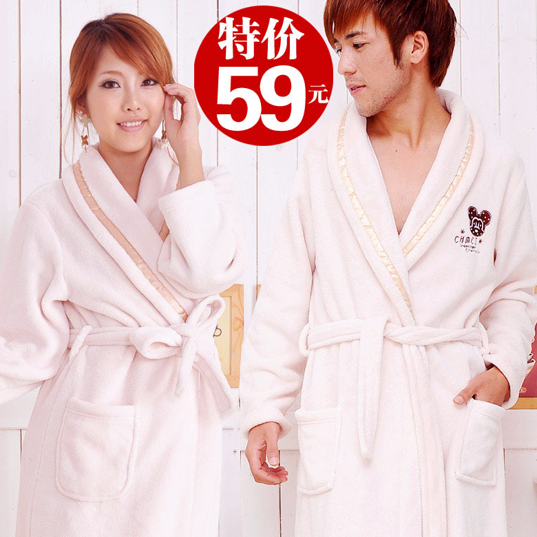 Autumn and winter male women's lovers solid color coral fleece robe bathrobes lounge