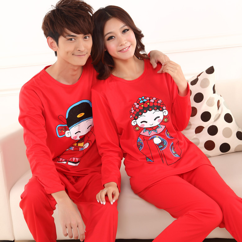 Autumn and winter male women's memorial gifts lovers marriage 100% cotton long-sleeve cartoon sleepwear lounge set