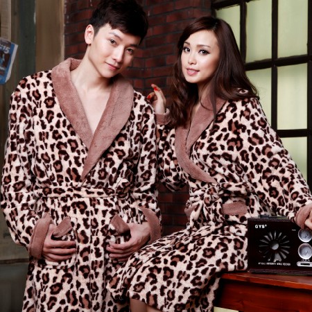 Autumn and winter male women's sexy leopard print robe thickening coral fleece lovers sleepwear bathrobes lounge