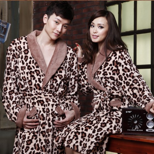 Autumn and winter male women's sexy leopard print robe thickening coral fleece lovers sleepwear long-sleeve bathrobes lounge