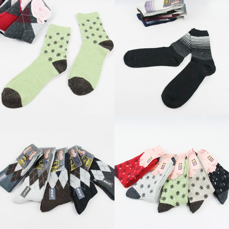 Autumn and winter male Women wool rabbit hair blended fabric thermal socks plaid onta sock knee-high socks