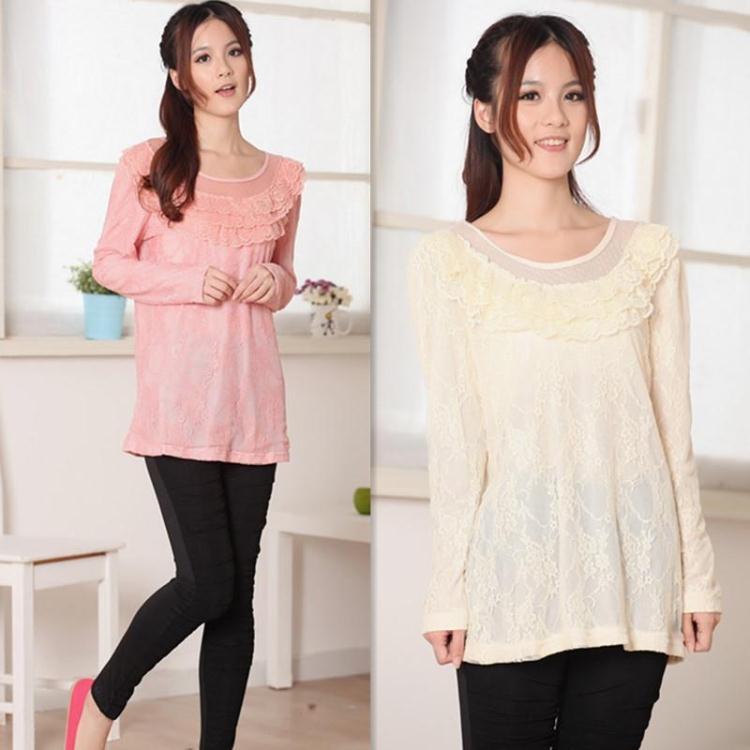 Autumn and winter maternity clothing top basic shirt low collar full lace long-sleeve maternity basic shirt