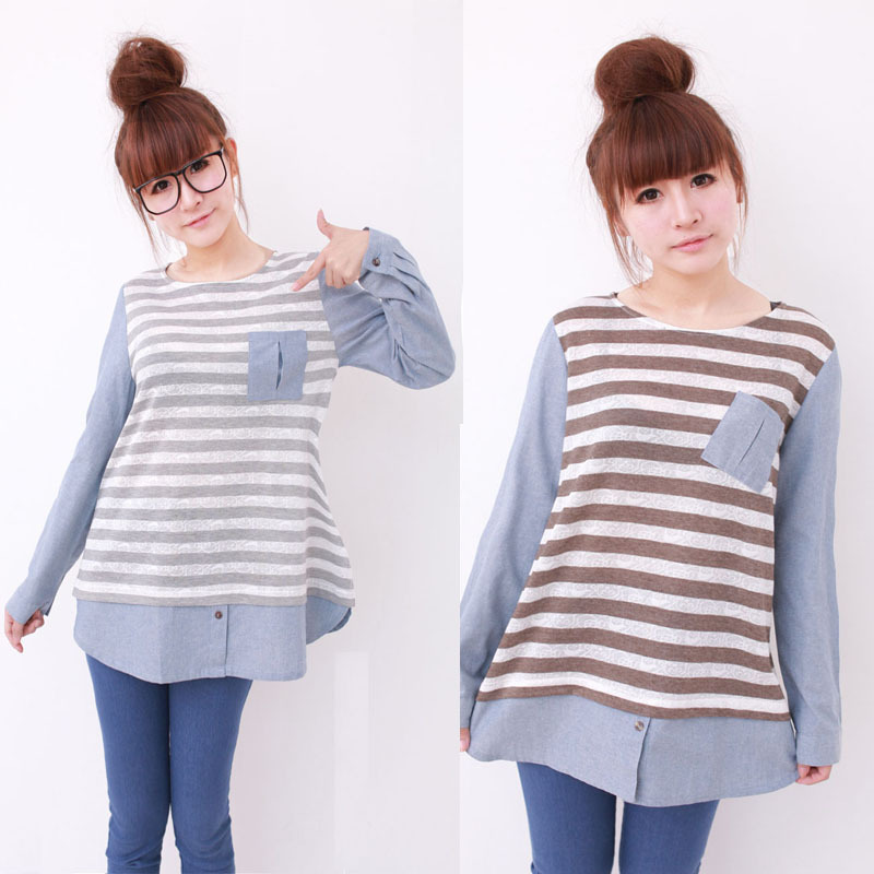 Autumn and winter maternity clothing top long-sleeve stripe maternity t-shirt round neck T-shirt