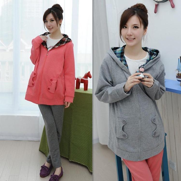 Autumn and winter maternity clothing top outerwear fashionable casual with a hood maternity sweatshirt thickening zipper-up