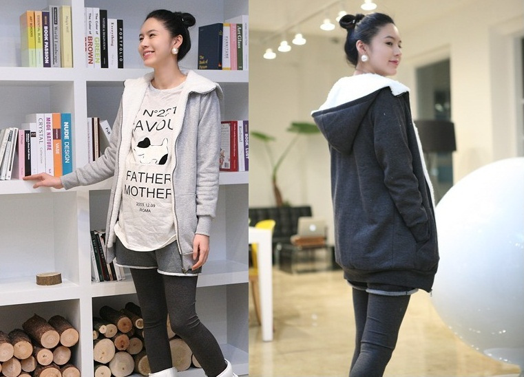 Autumn and winter maternity outerwear zipper thickening plus velvet maternity clothing top with a hood cardigan twinset