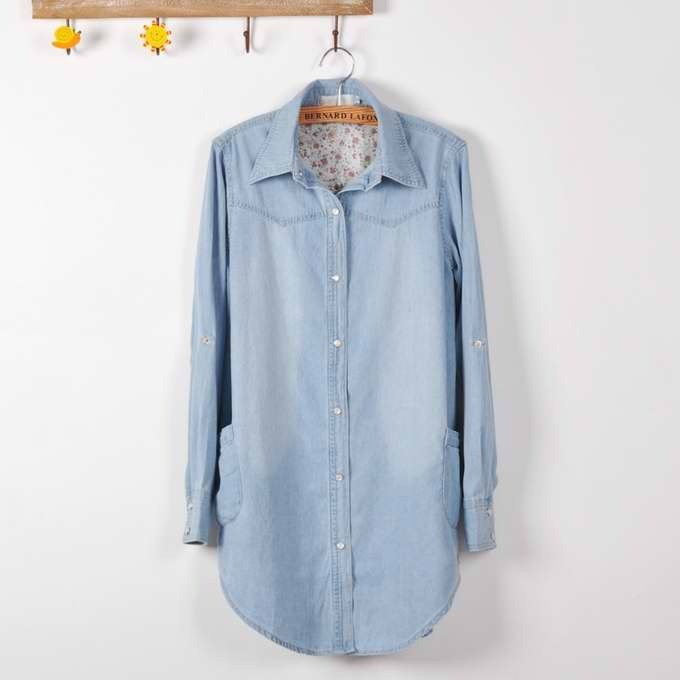 Autumn and winter medium-long long-sleeve denim shirt pearl buckle women's long-sleeve shirt outerwear shirt