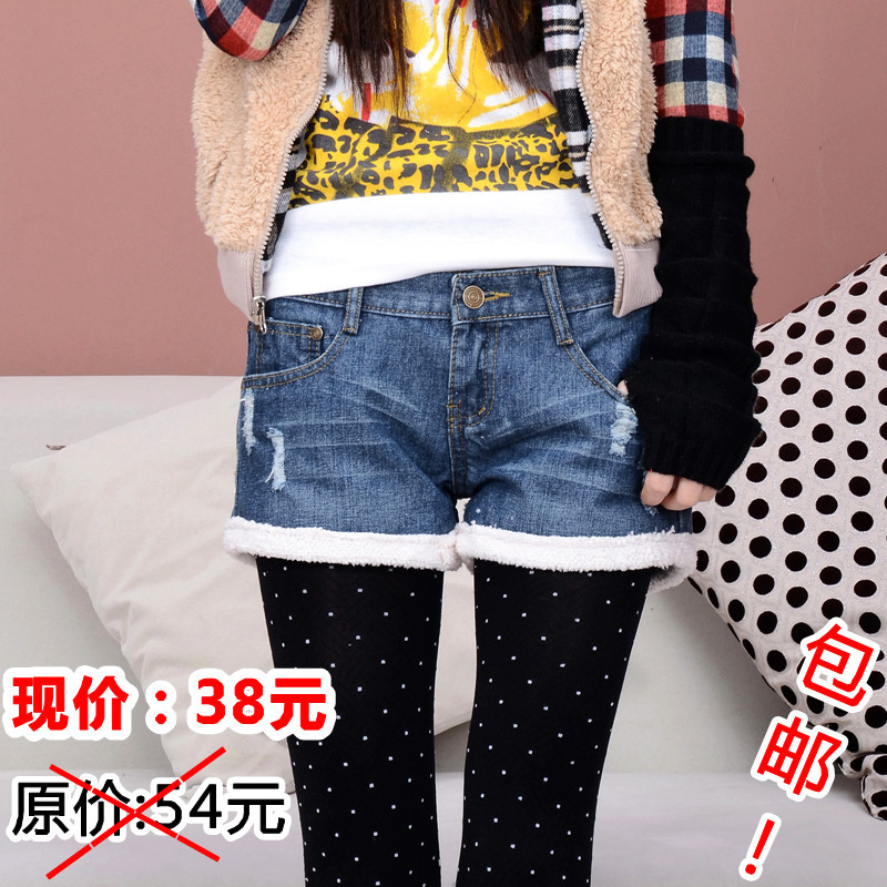 Autumn and winter new arrival berber fleece denim shorts plus size loose woolen shorts boot cut jeans female