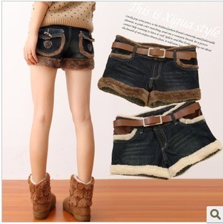 Autumn and winter new arrival berber fleece denim shorts plus size loose woolen shorts boot cut jeans female