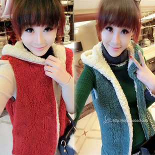 Autumn and winter new arrival fashion women's double layer color block berber fleece thickening hooded vest