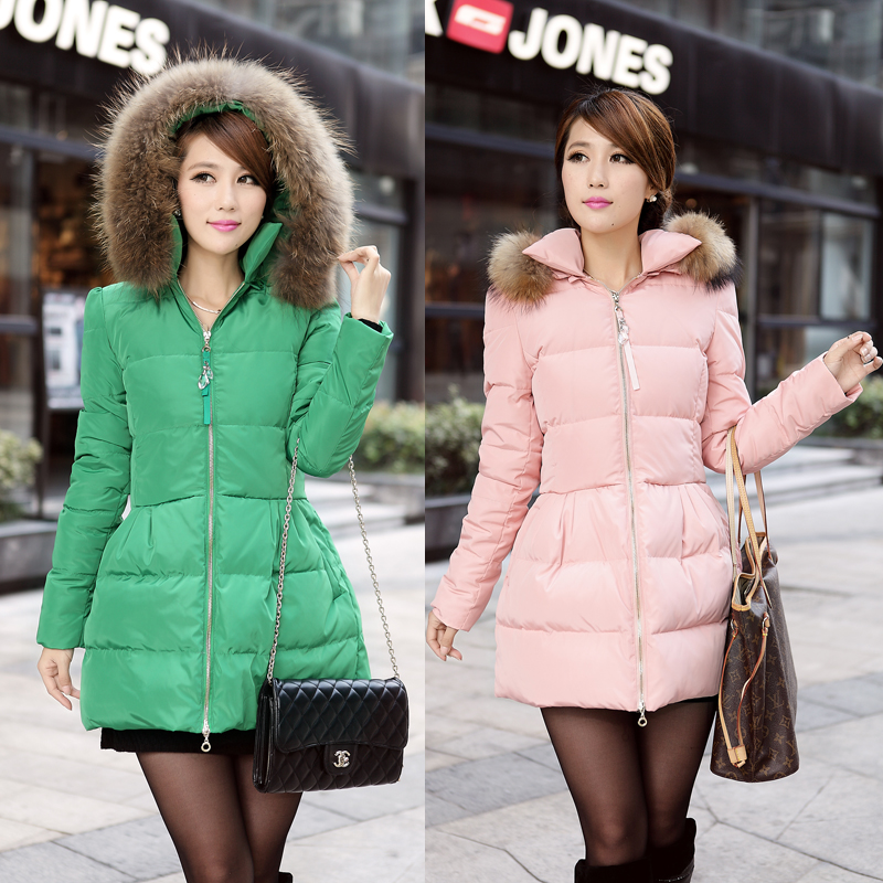 Autumn and winter new arrival luxury raccoon fur medium-long gentlewomen candy color down coat