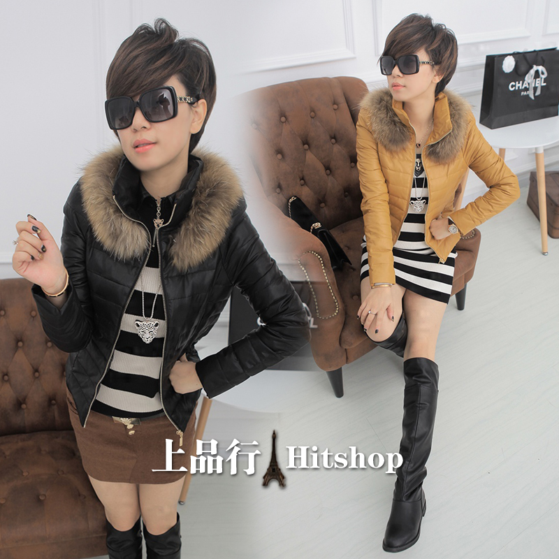 Autumn and winter new arrival raccoon luxurious fur collar leather down coat female slim