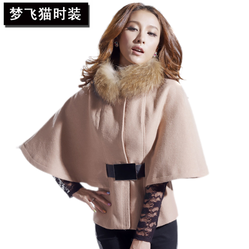 Autumn and winter new arrival women's wool coat outerwear plus size cape batwing shirt genuine leather trench raccoon fur