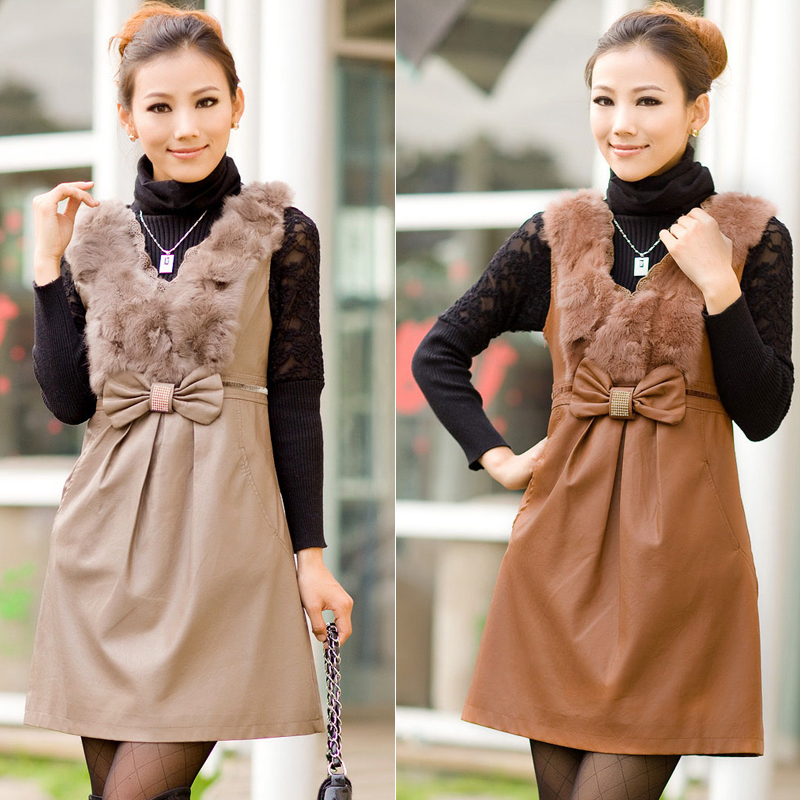 Autumn and winter one-piece dress 2012 slim plus size bow lace rabbit fur leather skirt basic skirt tank dress