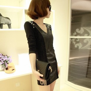 Autumn and winter one-piece dress fashion slim punk lace patchwork rivet long-sleeve slim hip leather one-piece dress female