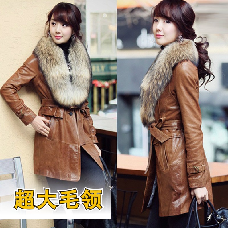 Autumn and winter outerwear 2013 medium-long leather clothing plus size slim waist trench plus cotton leather clothing raccoon