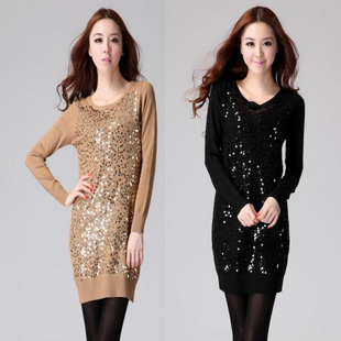 Autumn and winter paillette sweater female one-piece dress medium-long basic shirt sweater