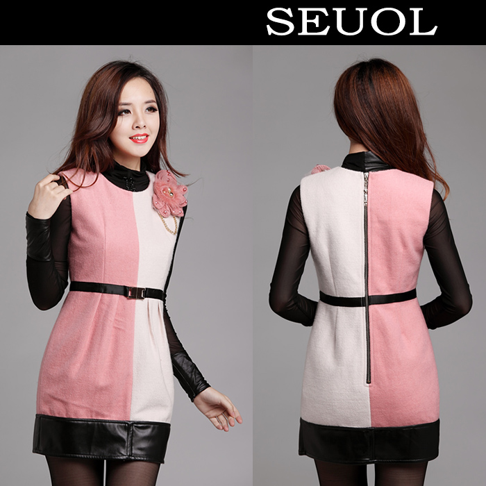 Autumn and winter pink woolen leather inlaying color block decoration straight short design sleeveless tank dress one-piece