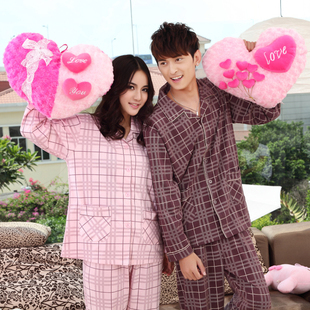 Autumn and winter plaid lovers sleepwear 100% cotton male lounge women's 100% long-sleeve cotton sleepwear