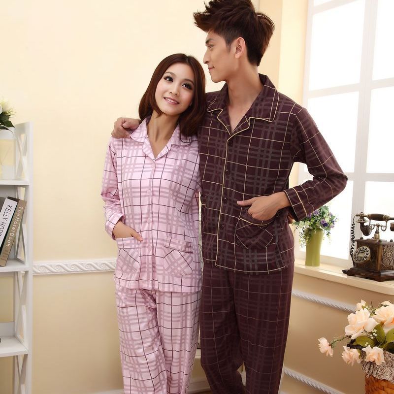 Autumn and winter plaid lovers sleepwear male women's 100% cotton long-sleeve lovers lounge female