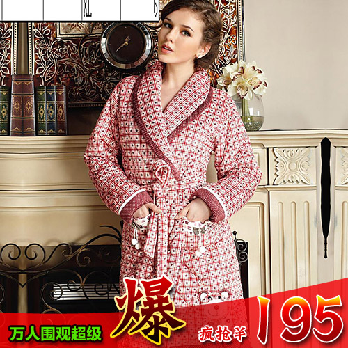 Autumn and winter plaid thickening robe bathrobes women's cotton-padded sleepwear lounge