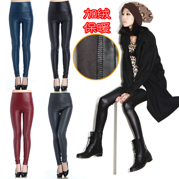 Autumn and winter plus size fashion plus velvet thickening lengthen PU multicolour patchwork faux leather pants legging 8810