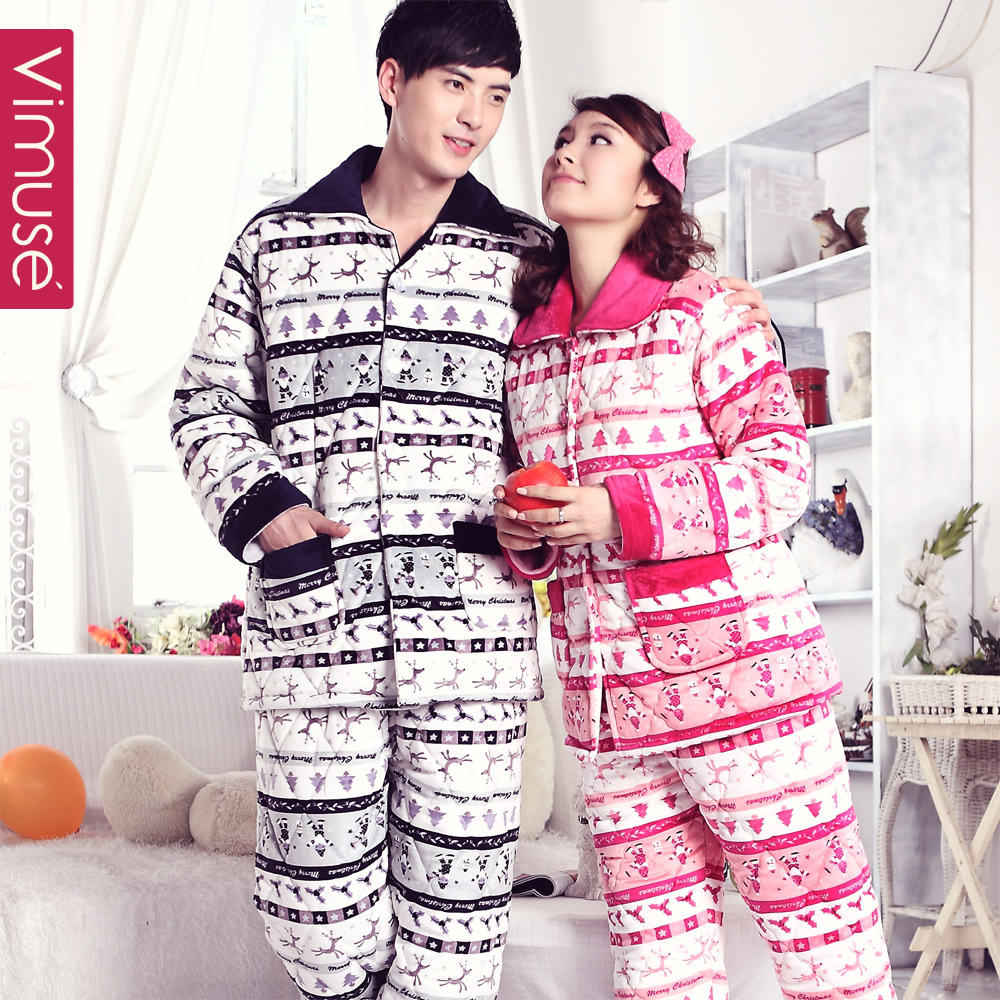 Autumn and winter plus size lovers sleepwear male women's thickening coral fleece cotton-padded set winter lovers lounge