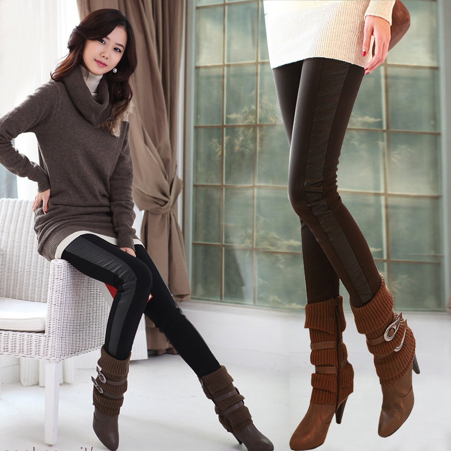 Autumn and winter plus velvet patchwork thickening leather pants casual pants female elastic boot cut jeans pencil legging