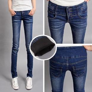 Autumn and winter plus velvet thickening high waist pants elastic jeans pencil pants plus size female trousers