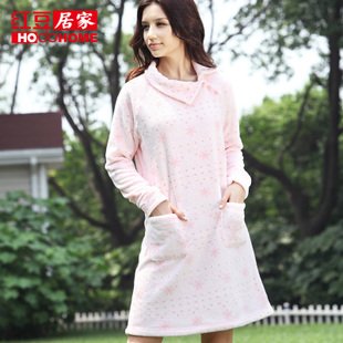 Autumn and winter polar fleece fabric nightgown globalsources at home service women's sweet sleepwear thick round polka dot