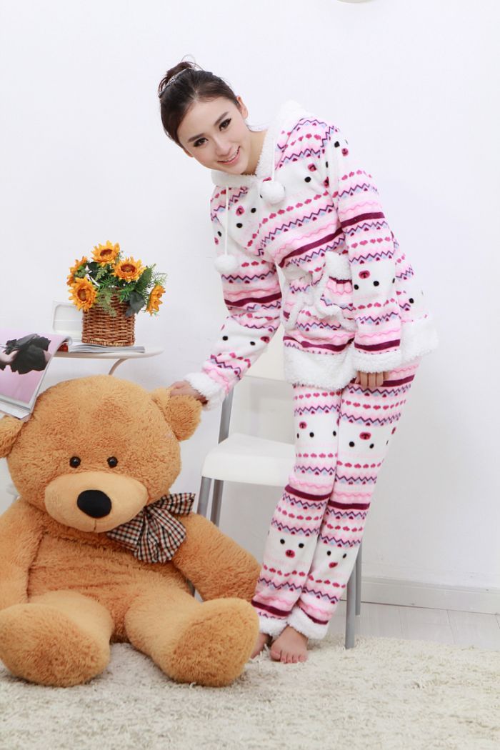 Autumn and winter princess sweet long-sleeve set with a hood women's thickening coral fleece sleepwear lounge