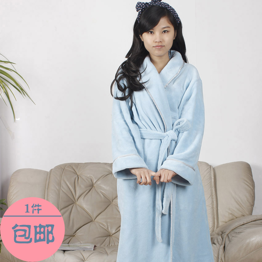 Autumn and winter pure blue women's long design female lounge robe sleepwear bathrobes