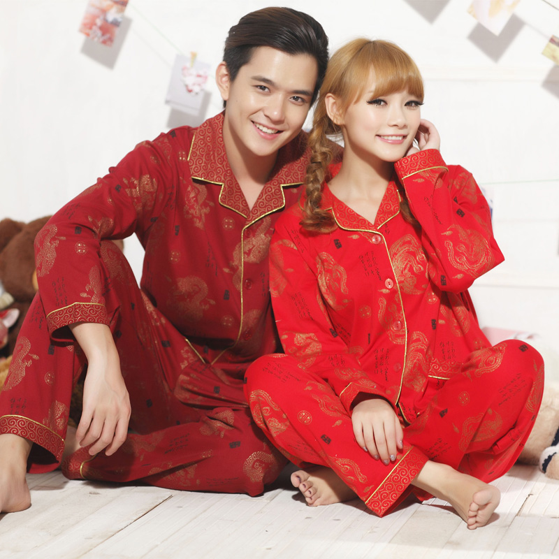 Autumn and winter red marry lovers sleepwear long-sleeve sleep set knitted cotton ceremonized lounge