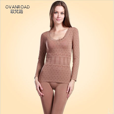 Autumn and winter sexy bamboo fibre women's thermal clothing fashion lace o-neck beauty care set thermal underwear 004