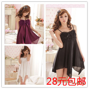 Autumn and winter sexy nightgown spaghetti strap nightgown silk transparent lace sexy sleepwear female twinset temptation