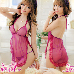 Autumn and winter sexy sleepwear female transparent cute spaghetti strap nightgown lace underwear breathable twinset temptation