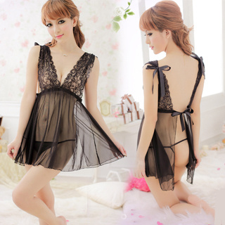 Autumn and winter sexy sleepwear female transparent spaghetti strap nightgown lace plus size black set temptation